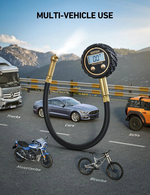 AstroAI tire pressure gauge (front view) with backlit LED, brass body and rubber hose, 3-250 PSI