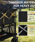 Close-up of Extra Long Foldable 50 Inch Two Level Wagon With Big Wheels 400L Capacity Heavy Duty All Terrain Cart, showing 600D fabric and steel frame.