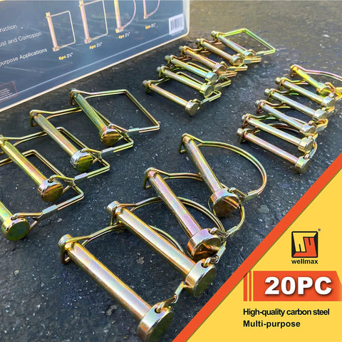 20 Pack Trailer Hitch Pins Set With 1/4, 5/16, And 3/8 Inch Diameters Zinc Plated Heavy Duty Shaft Locking Pins For Secure Tow displayed on ground