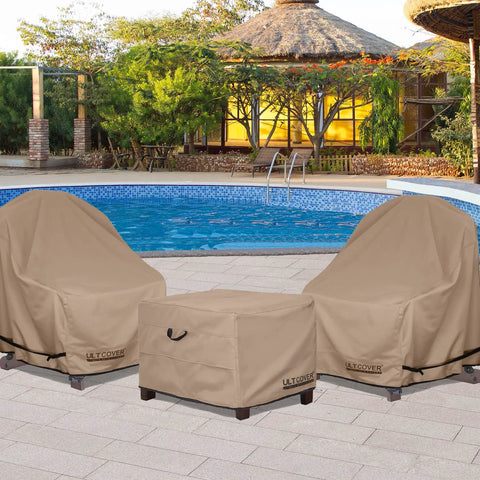 Waterproof Patio Ottoman Cover For Square Outdoor Side Table 24L By 24W By 18H Inches, protecting furniture by pool.