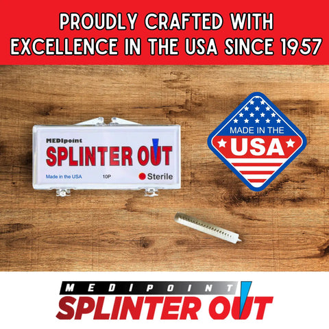 Splinter Out Splinter Remover, 20 Count Sterile Pack with USA label and splinter remover tool on wooden background.
