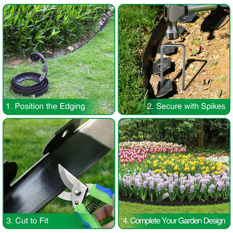 1.5 Inch Landscape Edging Kit With 100 Feet Total No Dig Lawn Border installation steps with garden scenes