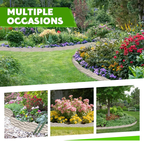 Garden scene showcasing Heavy Duty Plastic Garden Edging Border Kit with 20 ft flexible no dig borders and 20 anchoring stakes.