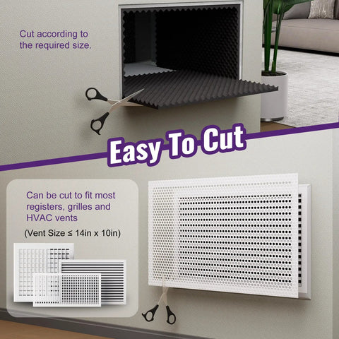 Acoustic Foam Sound Deadening Kit For Hvac Vents With Self Adhesive Mesh Covers And 5 38 Sq Ft High Density Egg Crate Pads shown being cut to size.