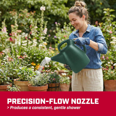 Person using 2 Gallon Watering Can For Indoor And Outdoor Plants With Removable Nozzle And Drip Free Sprinkler Head Recycled Plastic Build Easy Pour Spout For Lawn Garden And Houseplants Green