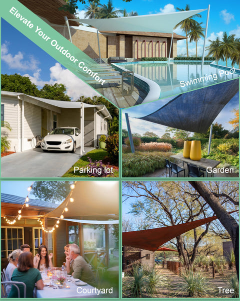 Outdoor settings using Heavy Duty Stainless Steel Shade Sail Hardware Kit 6 Inch Fittings with 44 pieces for various canopies.