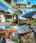 Various outdoor settings with shade sails installed; includes a swimming pool, garden, parking lot, courtyard, and tree area.