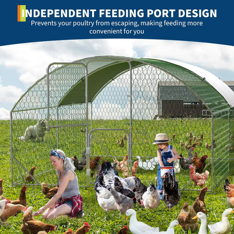 Beefy Large Walk In Chicken Coop With Galvanized Steel Frame All Weather PU Canopy And Round Top Roof in field with hens