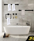Bathroom with Matte Black 7-Piece Bathroom Accessories Set With 24 Inch Towel Bar Soap Dispenser Toilet Paper Holder Ceramic Toothbrush Holder Robe Hooks Square Towel Rack.