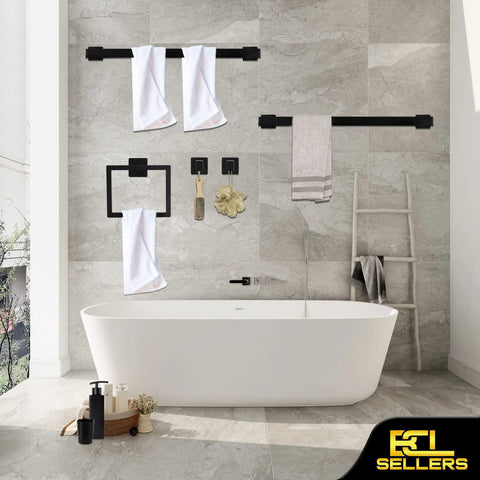 Bathroom with Matte Black 7-Piece Bathroom Accessories Set With 24 Inch Towel Bar Soap Dispenser Toilet Paper Holder Ceramic Toothbrush Holder Robe Hooks Square Towel Rack.