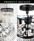 Black Finish 3-Tier Crystal Chandelier Showstopper Lighting Fixture With Real K9 Crystals close-up and angle views