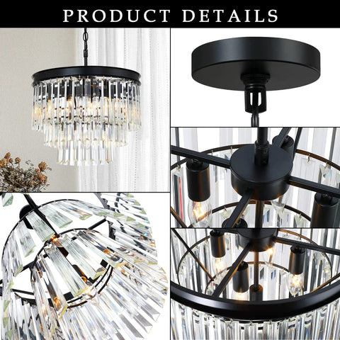Black Finish 3-Tier Crystal Chandelier Showstopper Lighting Fixture With Real K9 Crystals close-up and angle views