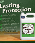 Bottle of 100 Percent Pure Tung Oil for Food Safe Premium Waterproof Wood Finish and Sealer, 2 Pack, on a wooden surface