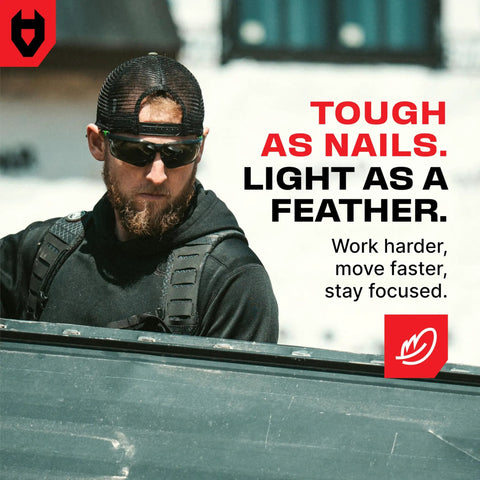 Built Tough Safety Glasses With Anti Fog Wrap Around Lenses And Scratch Beater Coating Plus Grip Lock Temples And Genuine Uv Blocking For Your Daily Grind In Black Green Tinted 10 Pack worn by a man working outdoors.