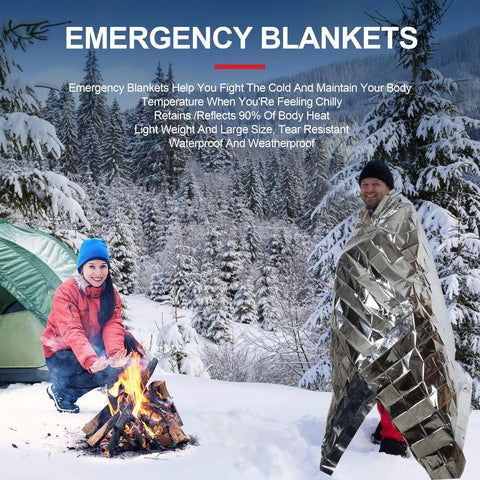 Man using 9 Pack Emergency Blankets For Outdoor Survival Gear, Mylar Thermal Space Blankets With Insulation in snowy forest.