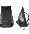 Mesh Scuba Diving Bag Backpack For Snorkeling Gear And Water Sports Equipment Carrier With Breathable Mesh Design And Comfortable Straps Plus Waterproof Phone Pocket For Easy Carry Anywhere, shown with dimensions and side view of breathable mesh and straps.