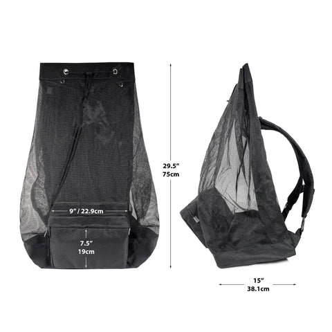 Mesh Scuba Diving Bag Backpack For Snorkeling Gear And Water Sports Equipment Carrier With Breathable Mesh Design And Comfortable Straps Plus Waterproof Phone Pocket For Easy Carry Anywhere, shown with dimensions and side view of breathable mesh and straps.