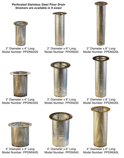 Collection of perforated stainless steel floor drain strainers in various sizes, including Rugged Heavy Duty 3 Inch Floor Drain Strainer