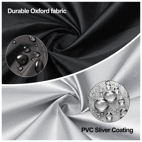 Close-up of Cozy Coupe Ride On Car Cover showing black Durable Oxford fabric and silver PVC coating with water droplets.