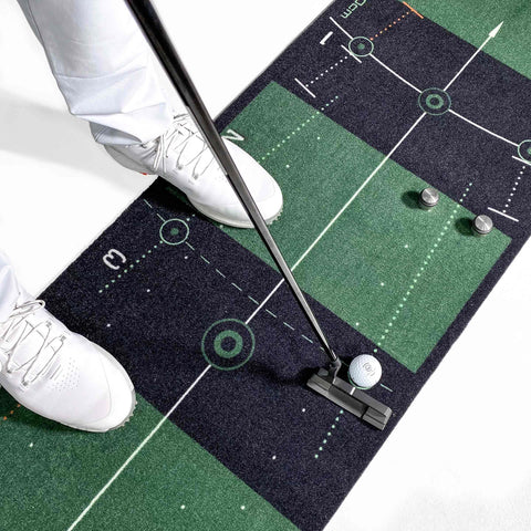 Person using Golf Putting Training Mat 10 Foot Classic Green With Alignment Aids Eye Positioning And Stroke Rhythm Tools