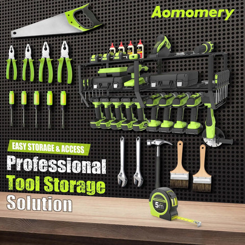 Heavy Duty Wall Mounted Power Tool Organizer With 3 Tier Iron Garage Rack And 10 Drill Slots displayed with tools