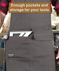 Waxed Canvas Tool Apron For Woodworking Pros And DIYers, Heavy Duty Work Apron With Front Pockets, tools visible, gray color