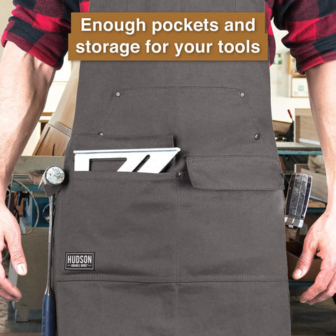 Waxed Canvas Tool Apron For Woodworking Pros And DIYers, Heavy Duty Work Apron With Front Pockets, tools visible, gray color