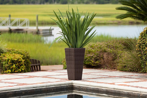 All Weather Wicker Planter Set Two Piece Mocha Outdoor Planters With Liners Tall Pots For Patio Garden Herb Display