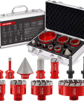DAYDOOR Diamond Hole Saw Kit, 11-Piece set with red diamond-coated bits in a metal carrying case for tile work