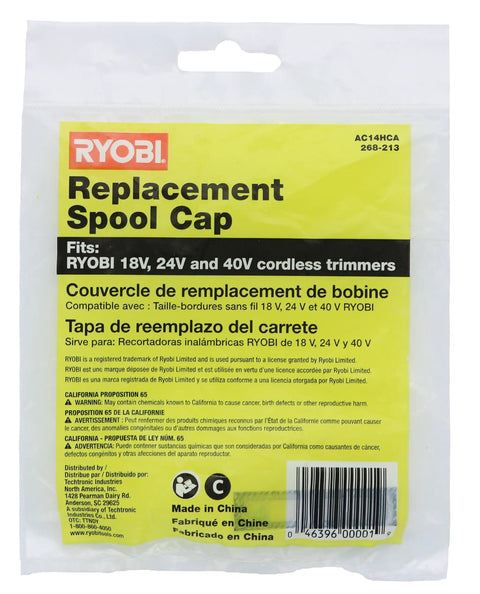 One Plus Replacement Spool Cap For Cordless Trimmers packaging with Ryobi logo and product compatibility details