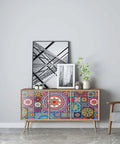 Colorful cupboard with geometric tile pattern, featuring Peel And Stick Tile Stickers Pack Of Six Decals Each 7 By 39.3 Inches Waterproof.