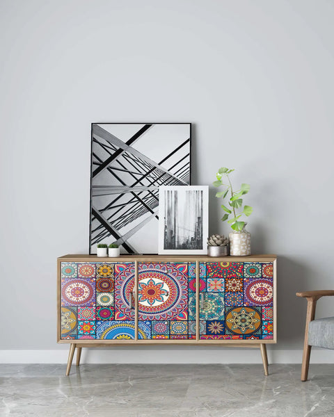 Colorful cupboard with geometric tile pattern, featuring Peel And Stick Tile Stickers Pack Of Six Decals Each 7 By 39.3 Inches Waterproof.