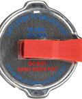 Top view of Safety Release Radiator Cap 31535 For Vehicles, showing instructions and red lever for quick pressure relief.