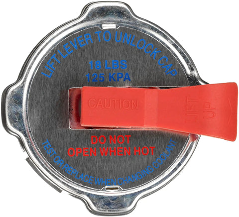 Top view of Safety Release Radiator Cap 31535 For Vehicles, showing instructions and red lever for quick pressure relief.