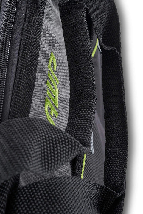 Close-up of durable 13 inch tool bag with water resistant exterior showing sturdy handles and stitching detail.