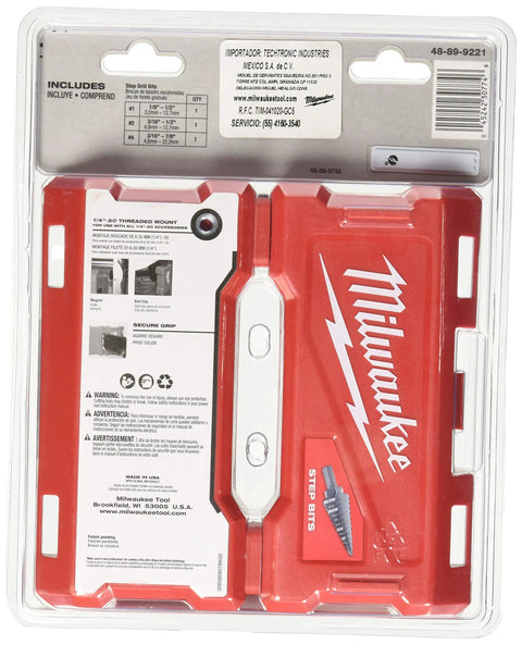 Heavy Duty Step Bit Set Three Piece For Quick Hole Drilling In Metal Wood And Plastic Sizes 1 2 4 packaging back view