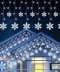 Snowflake Icicle Christmas Lights For Outdoor Decor, 6.5Ft 144LED Curtain String With 12 Drops, installed on house eaves.