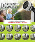 Retractable Garden Hose Reel With Half Inch 65 Ft Heavy Duty Hose, 10 Spray Patterns shown with nozzle close-up