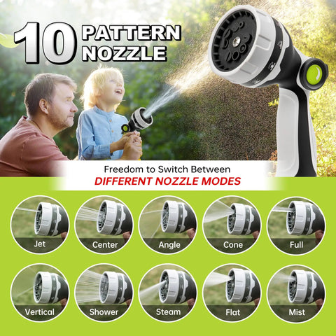 Retractable Garden Hose Reel With Half Inch 65 Ft Heavy Duty Hose, 10 Spray Patterns shown with nozzle close-up