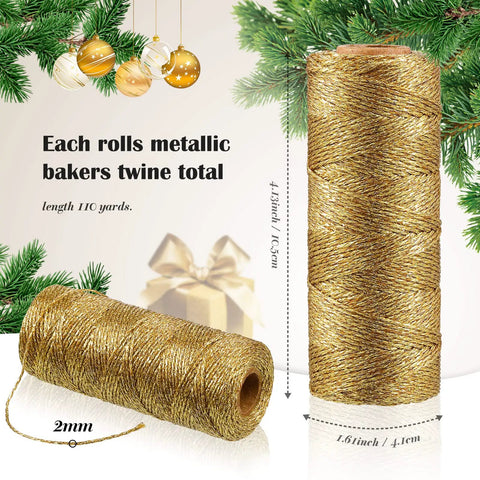 Four Rolls Christmas Metallic Bakers Twine 110 Yards Each Gold For Gift Wrapping Game And DIY Crafts Durable Jute String