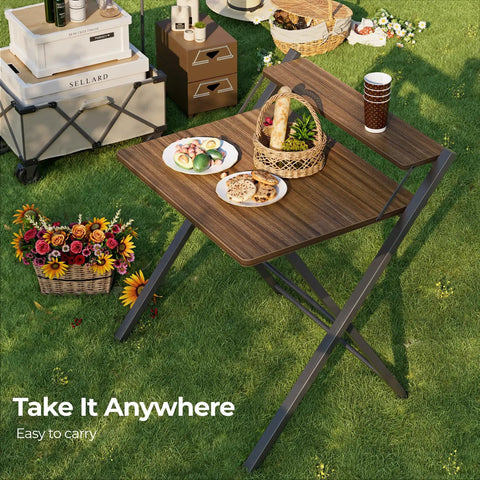 No Assembly Folding Desk With Two Tier Shelf For Home Office Dorm Or Apartment Go To Workstation Space Saving Portable Laptop And Computer Desk Quick Setup Collapsible Table Espresso Finish outdoors with food and flowers.