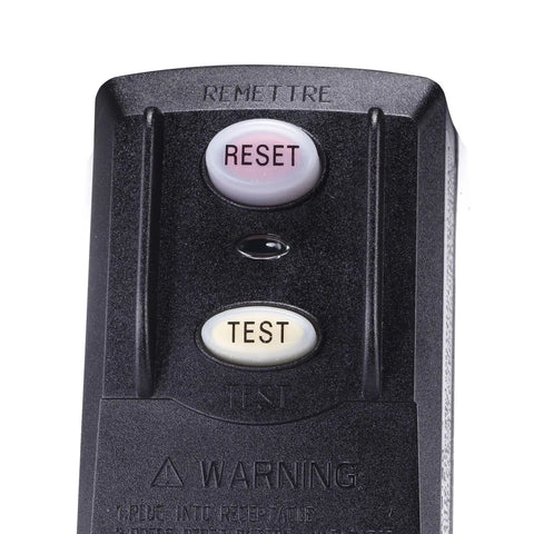 Close-up of reset and test buttons on Three Prong GFI Waterproof GFCI Plug Replacement 15 Amp UL Listed for safety.