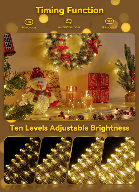 Battery Operated Fairy Lights With Remote 33Ft 100 LED Waterproof IP44 Indoor Outdoor Go Anywhere Starry Twinkle Decor glowing on Christmas mantel.