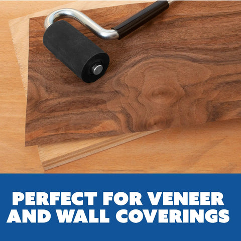Heavy Duty Pro Grade J Roller With Thick Rubber Roller One And One Half Inch Diameter And Two And Seven Eighths Inch Wide For Veneer Laminate Wall Coverings And Edge Banding Delivers Maximum Pressure Adhesion And Smooth Flawless Finishes on wood surface