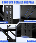 Product details of Built Like A Tank Heavy Duty Adjustable Steel Shelving Rack For Garage Or Warehouse Storage With Zero Hassle Setup And Rock Solid Frame 69By71 Inches 5000 Lbs Capacity Black Finish showing hole design, reinforcement bars, solid structure, and foot pad.