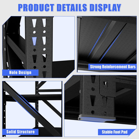 Product details of Built Like A Tank Heavy Duty Adjustable Steel Shelving Rack For Garage Or Warehouse Storage With Zero Hassle Setup And Rock Solid Frame 69By71 Inches 5000 Lbs Capacity Black Finish showing hole design, reinforcement bars, solid structure, and foot pad.