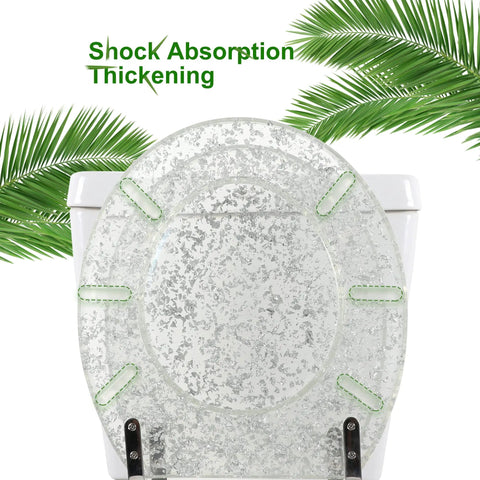 Resin Round Toilet Seat With Soft Close And Quick Release Heavy Duty Acrylic Glitter Cover Silver Foil Finish on toilet