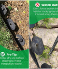 Close-up of Garden Edging Border Kit 33 Ft With 50 Stakes showing plastic edge and installation tips on soil and rocky ground.