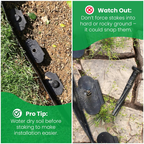 Close-up of Garden Edging Border Kit 33 Ft With 50 Stakes showing plastic edge and installation tips on soil and rocky ground.