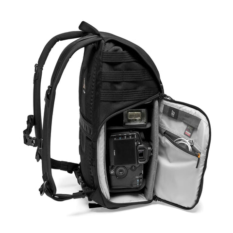 ProTactic BP 300 AW II Mirrorless And DSLR Backpack with QuickShelf Divider System open to show interior storage compartments.